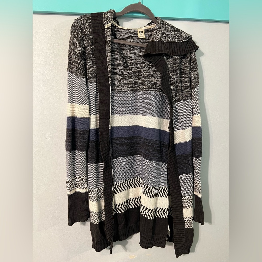 Roxy Longline Open-Front Duster Cardigan – Black/Navy/Cream – Size Large